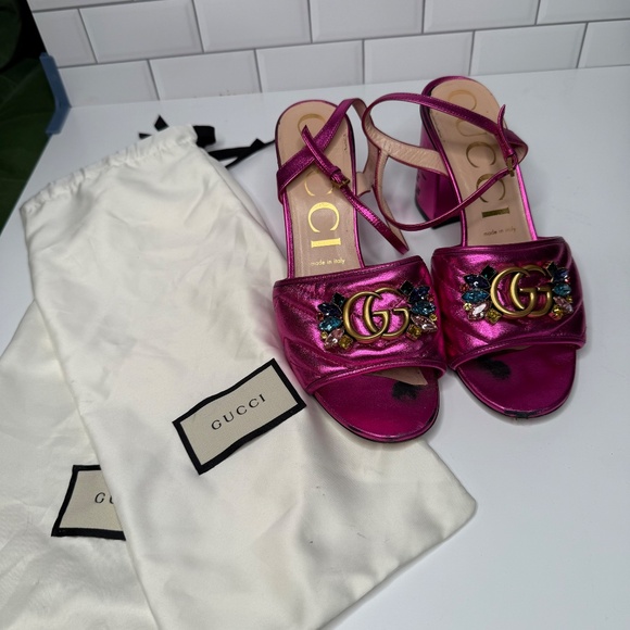 Gucci Pink Metallic Marmont Sandals with Crystal GG – Size 39 - Picture 2 of 10